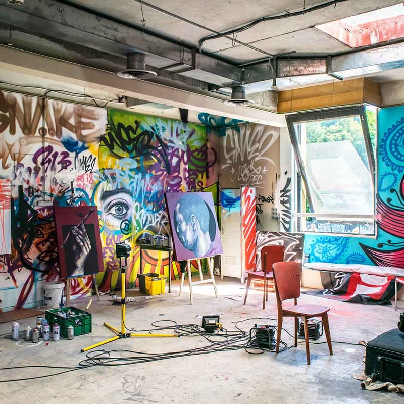 An artist studio covered in paint